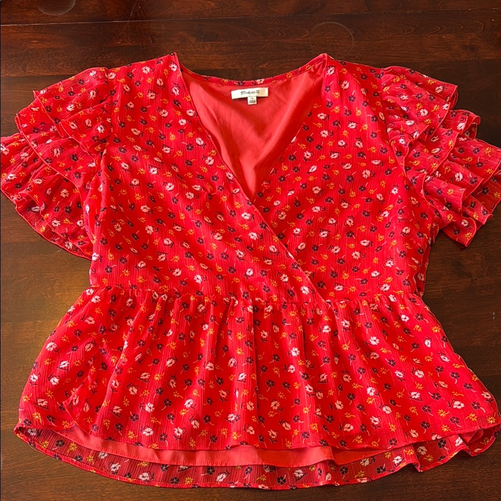 Madewell Red Ruffled Wrap Blouse